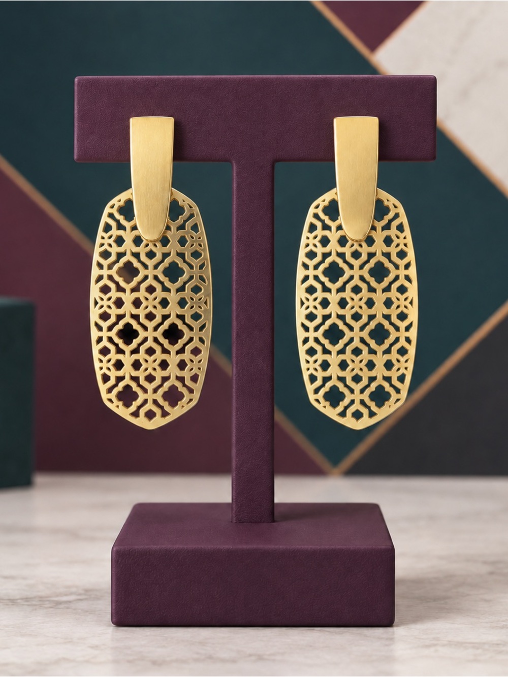 Kendra Scott Aragon Gold Filigree Drop Earrings Geometric Statement